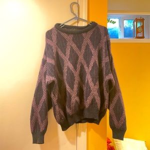 Geneva Vintage Alpaca Wool Acrylic Sweater (Purple, Blue Checker Diamond)